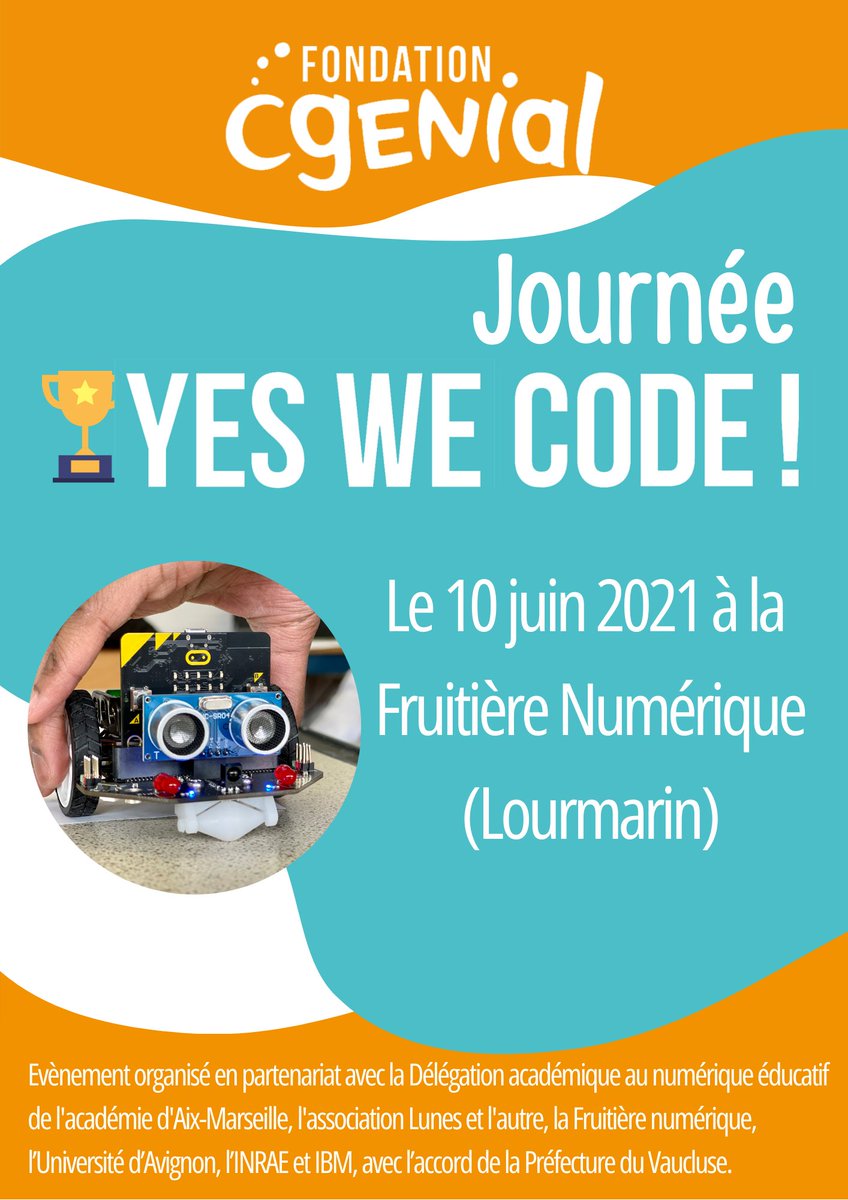 Fondation CGénial (@fond_cgenial) on Twitter photo 🤖 🏆 La Fruitière Numérique accueille Yes We Code! le 10/06 !
L’occasion de réunir élèves et enseignants de l’ <a href="/AcAixMarseille/">Acad. Aix-Marseille</a> pour des ateliers numériques et la remise des Prix du concours de vidéos de projets, retransmise en live sur notre chaîne Youtube 😉 🤖 🏆 La Fruitière Numérique accueille Yes We Code! le 10/06 !
L’occasion de réunir élèves et enseignants de l’ <a href="/AcAixMarseille/">Acad. Aix-Marseille</a> pour des ateliers numériques et la remise des Prix du concours de vidéos de projets, retransmise en live sur notre chaîne Youtube 😉