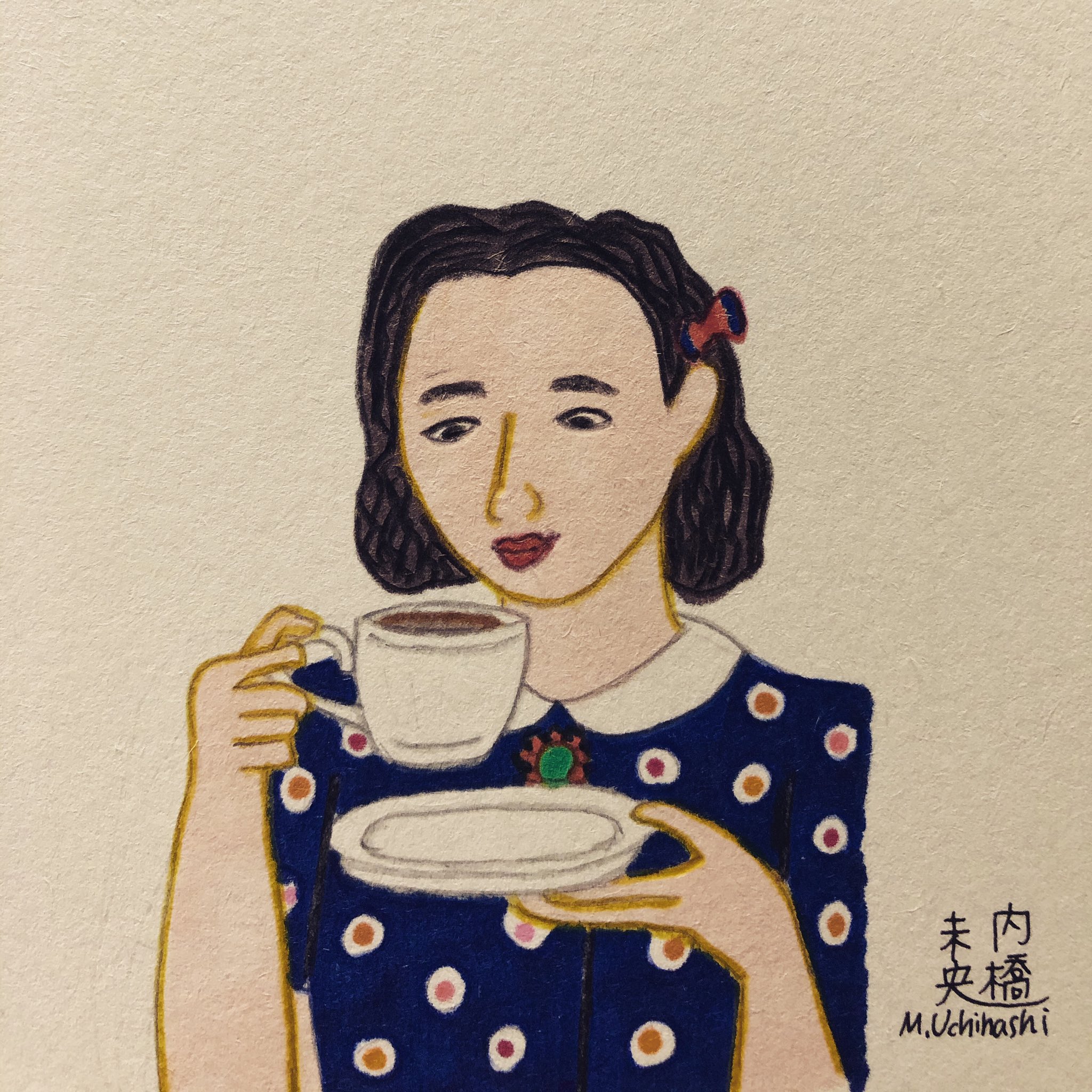 内橋未央 コーヒー Illustration イラスト Illustrator イラストレーター Design デザイン Drawing 手描き Artwork アートワーク Retro Nostalgic レトロ Showa 昭和 Everydaylife 日常生活 Japan 日本 Lady Women 女性 Coffee
