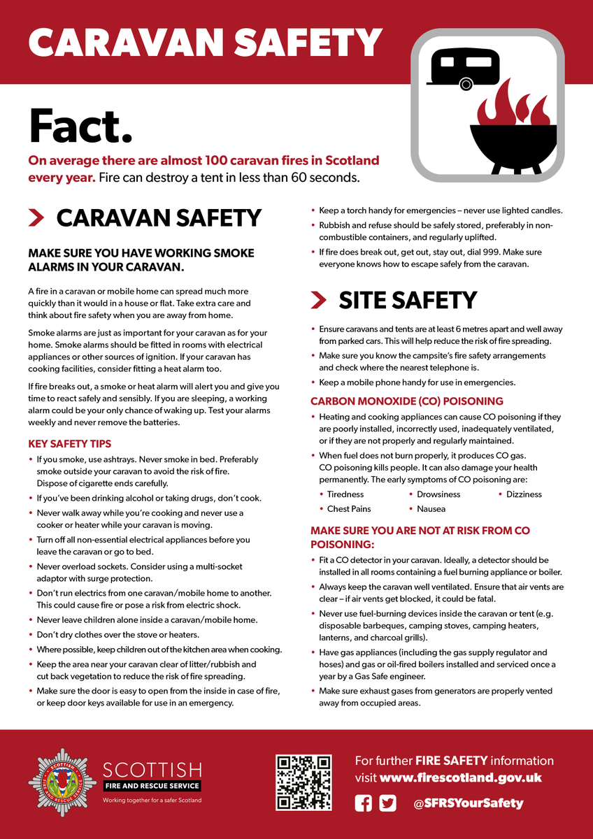 SFRSYourSafety's tweet photo. If you are holidaying in a caravan or run a caravan site, our CARAVAN SAFETY poster is definitely worth reading / printing for display.  On average there are almost 100 caravan fires in Scotland every year.
Get a copy here: https://t.co/xyPtod6Wky https://t.co/RrBwg0Cfls