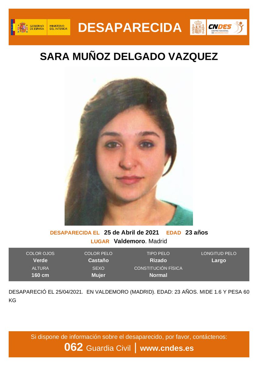 ⚠NECESITAMOS TU COLABORACIÓN⚠

Sara tiene 23 años y ha desaparecido en Valdemoro, #Madrid

Si la has visto o tienes cualquier información, llámanos: 

☎️091
☎️112
☎️062

Tu RT no cuesta nada y puede ayudar a encontrarla