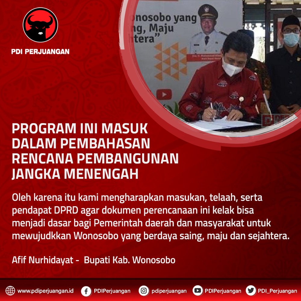 Dalam Rapat Paripurna DPRD Wonosobo, Bupati Wonosobo, H. Afif Nurhidayat, S. Ag menyampaikan lima program unggulan yang akan menjadi branding Kab. Wonosobo selama lima tahun ke depan.

#SolidBergerak
#PDIPerjuangan