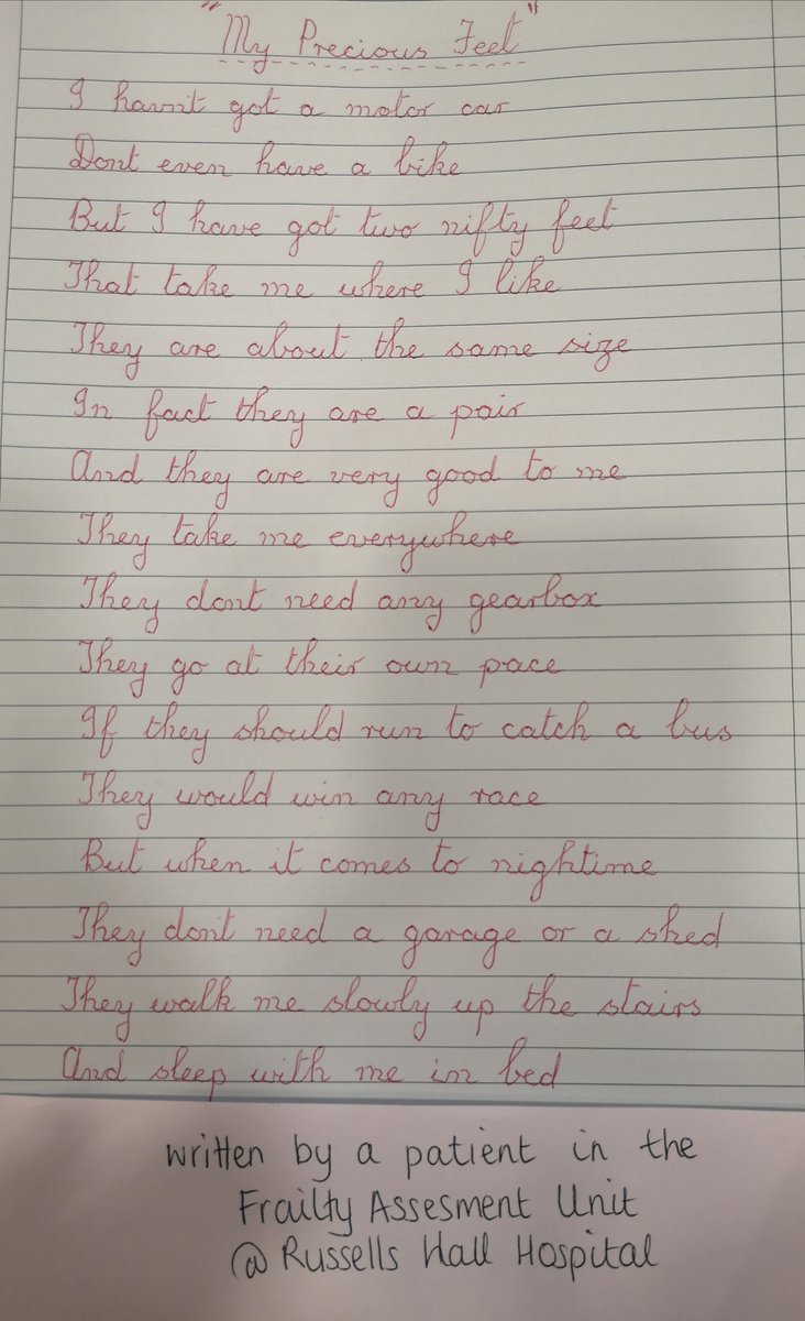 Frailty Assessment Unit (@unitfrailty) on Twitter photo A lovely poem written by one of our patients today in our Frailty Unit 💙
<a href="/DudleyGroupNHS/">The Dudley Group</a> @GeriMatron <a href="/leanniemann/">Leanne Mann</a> <a href="/VickiWilletts6/">Victoria Willetts</a> A lovely poem written by one of our patients today in our Frailty Unit 💙
<a href="/DudleyGroupNHS/">The Dudley Group</a> @GeriMatron <a href="/leanniemann/">Leanne Mann</a> <a href="/VickiWilletts6/">Victoria Willetts</a>