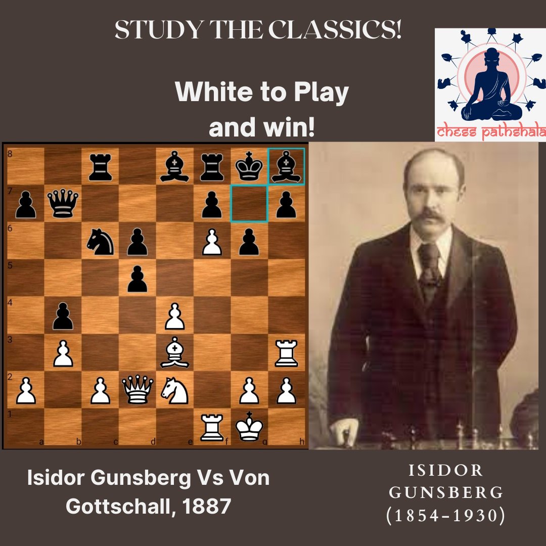 ChessPathshala's tweet image. Study the Classics! Position from Gunsberg-Von Gottaschall, 1887. Gunsberg has sacrificed a knight earlier, how do you finish off Black? White to play, find the quickest win.

Fullscreen view recommended.
.
.
.
.
Tags
#chess #chessclassics #chesspunks #chesschamps #isidorgunsberg