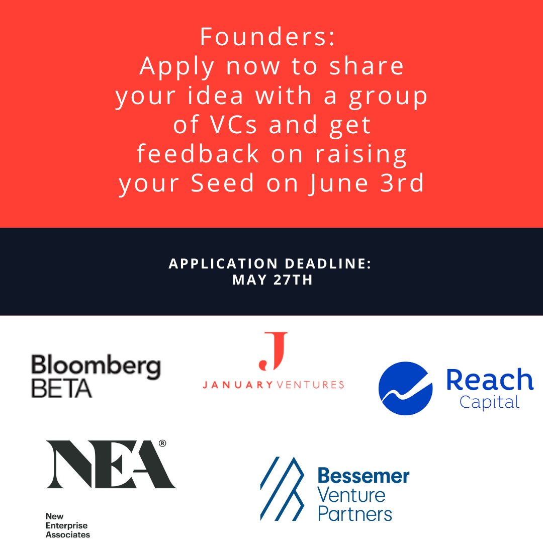 January_VC's tweet photo. Last call to join our #CoachingCollective with @BessemerVP, @reachfund, @BloombergBeta, and @NEA!

🔎Focused on #FutureOfWork startups
💰Meet VCs before fundraising in the next 3-6 months
💥Coaching + feedback focused - no pitch required!

Register below:
https://t.co/G0VbFYWRAZ https://t.co/Z7m66Yvhag