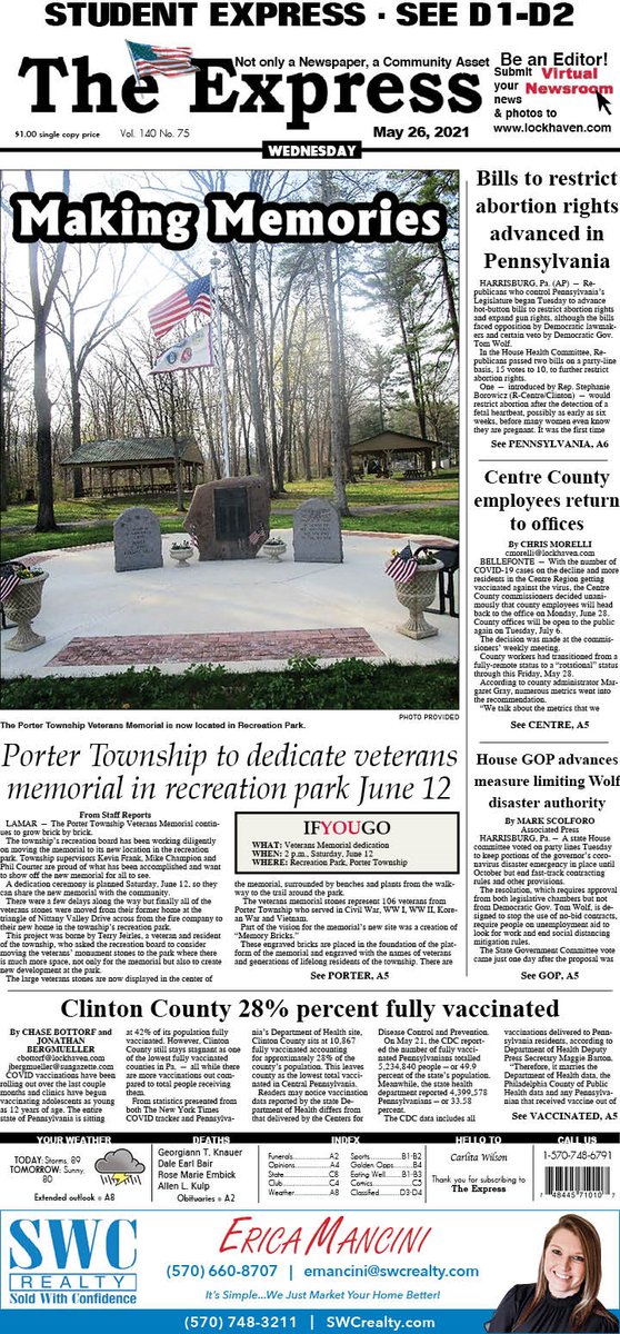 Theexpress In Today S Express Community Newspaper Porter Township To Dedicate Veterans Memorial In Recreation Park June 12 Centre County Employees Return To Offices Clinton County 28 Percent Fully Vaccinated Pick
