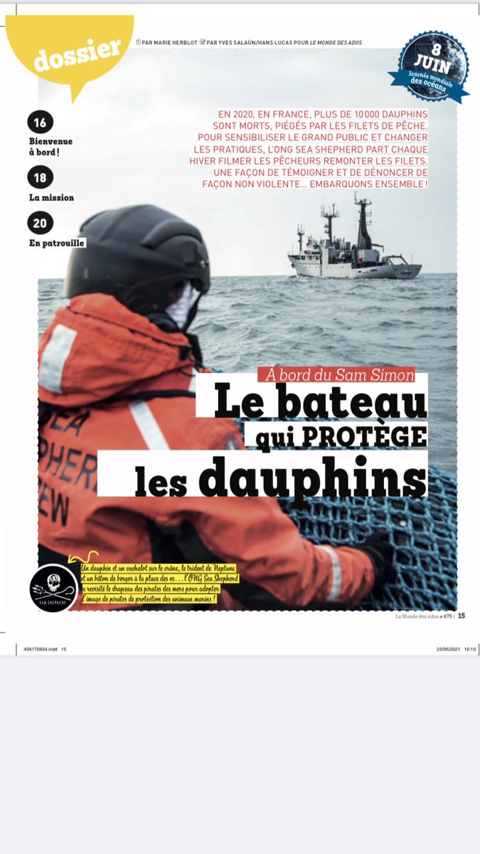 m_herblot's tweet photo. Tellement fière que mon reportage réalisé à bord du Sam Simon de @SeaShepherdFran soit en Une du @MondeAdosMag 
À retrouver en kiosque dès aujourd’hui !!! 🐬🐬 https://t.co/SMgkW3dxZ5