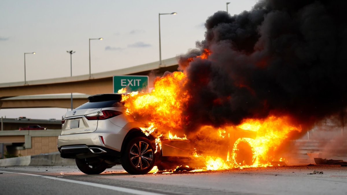 MiamiDadeFire's tweet photo. This morning at 6:20 a.m., #MDFR #Engine48 & #Rescue48 were on scene of a car fire southbound on SR826, underneath the SR836 Expressway overpass. The vehicle appeared to have collided into a guardrail and caught fire as a result of the impact. There were no injuries. https://t.co/s1USDottvP