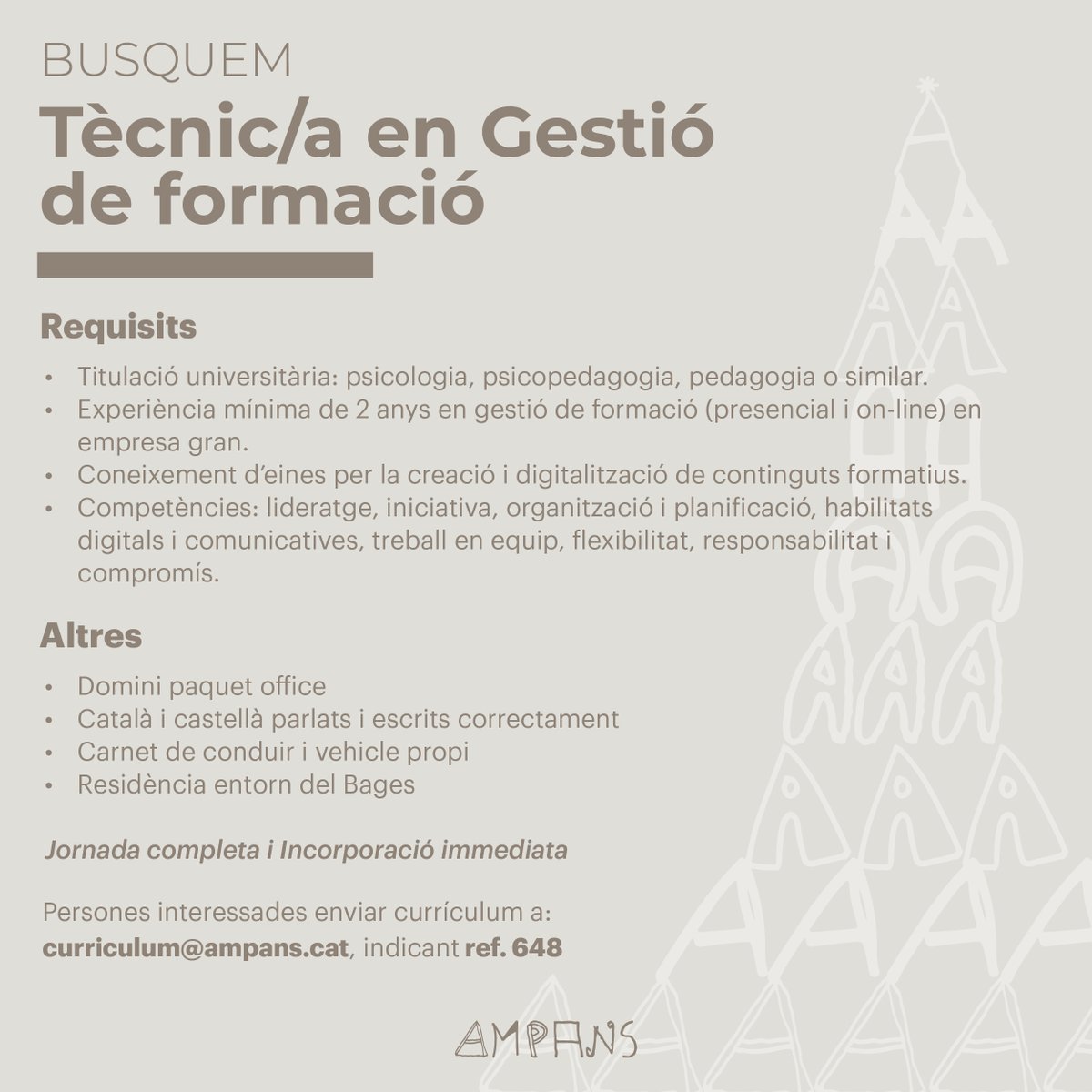 AMPANS (@ampans) on Twitter photo 📚💻 Vine a treballar amb nosaltres! Busquem Tècnic/a de Gestió de formació.
Tens experiència en la gestió de formacions presencials i online? Ets una persona flexible i amb iniciativa? Volem conèixer-te!
Envia'ns el teu CV a curriculum@ampans.cat indicant ref. 648 #feina 📚💻 Vine a treballar amb nosaltres! Busquem Tècnic/a de Gestió de formació.
Tens experiència en la gestió de formacions presencials i online? Ets una persona flexible i amb iniciativa? Volem conèixer-te!
Envia'ns el teu CV a curriculum@ampans.cat indicant ref. 648 #feina