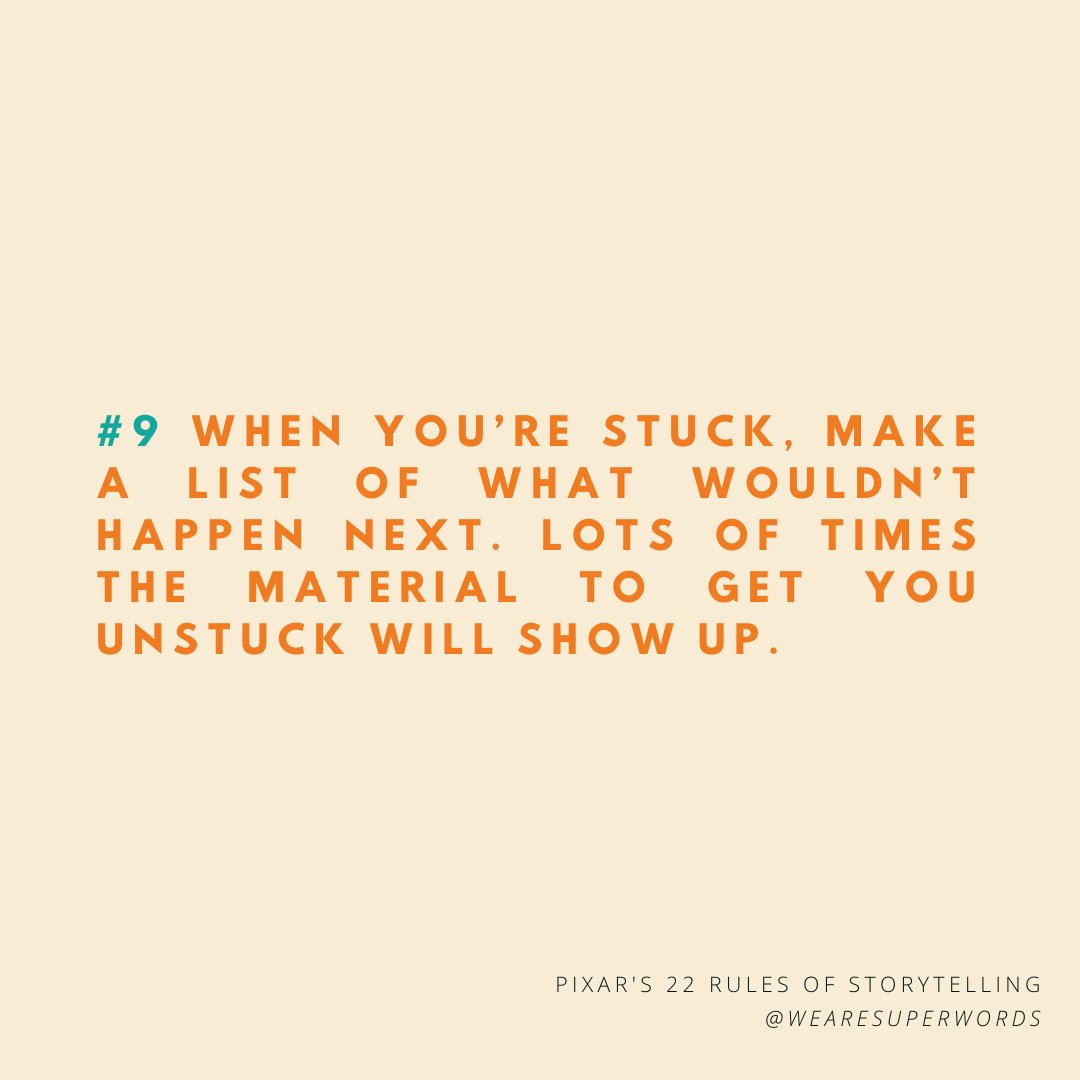 We’re taking you through #Pixar's 22 Rules of #Storytelling one by one to help YOU craft your own #SuperPixar content! Our alternative to this rule? Reach out to john@superwords.agency and we'll do the un-stucking FOR YOU!