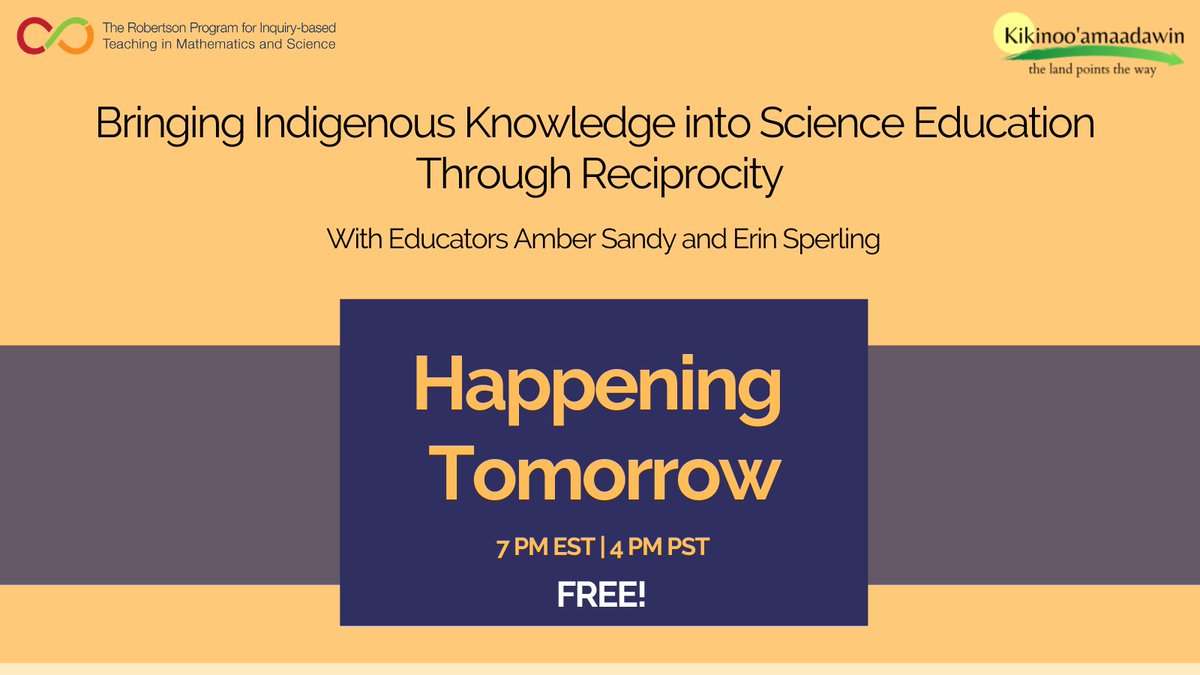 TOMORROW! <a href="/ambersandy/">Amber Sandy</a> and @erinsperling share how Indigenous ways of knowing can be integrated in the study of scientific methods through storytelling. Hear how reciprocity plays an important part in the work they do. Register here: bit.ly/2PLrhtZ
#IndigenousMathSci