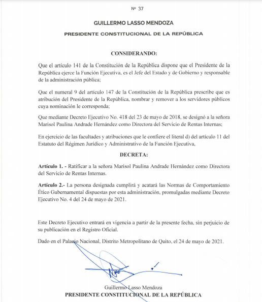 SRIoficialEc's tweet photo. El señor Presidente de la República, @LassoGuillermo, mediante Decreto Ejecutivo No. 37, ratificó a @MarisolAndradeH como nuestra Directora General.
#GobiernoDelEncuentro
#JuntosLoLogramos 🇪🇨 https://t.co/8doWUX0NHE