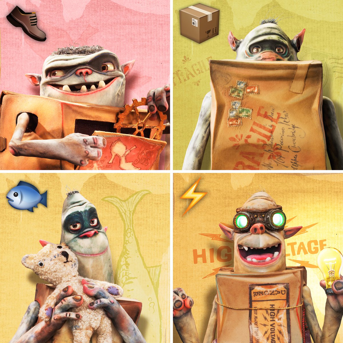 LAIKAStudios's tweet photo. Not to put you in a box, but which #Boxtroll fits you best? Use:
👞  for Shoe (moody and opportunistic)
📦  for Fragile (shy and thoughtful)
🐟  for Fish (responsible and clever)
⚡ for Sparky (inventive and creative) https://t.co/zMY6vOfVyP