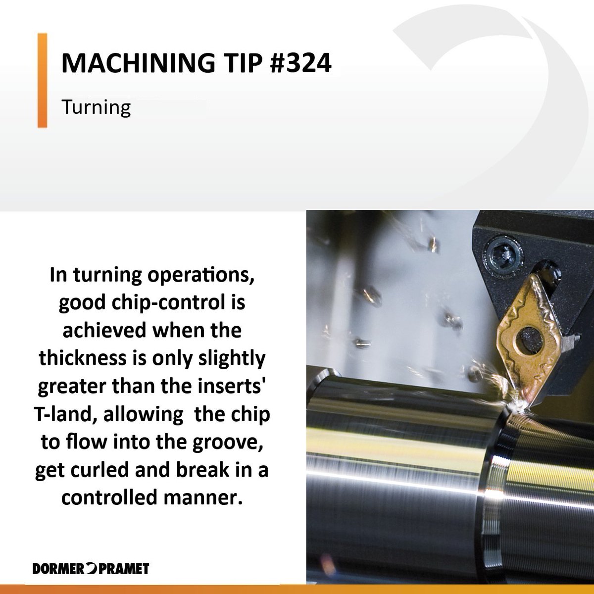 DormerPramet's tweet photo. #Machiningtip 324: In #Turning operations, good chip-control is achieved when the thickness is only slightly greater than the inserts' T-land, allowing the chip to flow into the groove, get curled and break in a controlled manner. #machinist #metalworking #wednesdaywisdom https://t.co/tv0xado4Nr