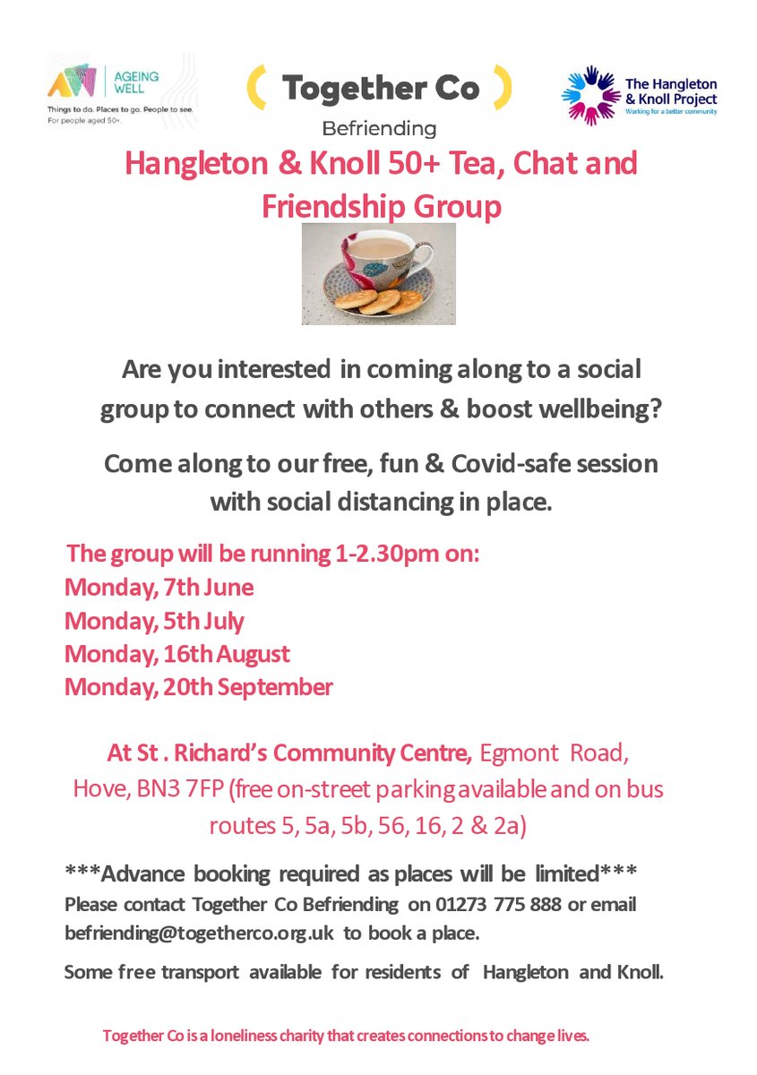 AgeingWellBH's tweet image. Nearly June &amp;amp; when better to have tea &amp;amp; a chat to make new friends! Completely free but important to book via @HelloTogetherCo  (details below). 
First monthly meetup is on Mon 7th June so don't delay in booking! #connect #letsconnect #afterlockdown #brightonandhove @BHCETS
