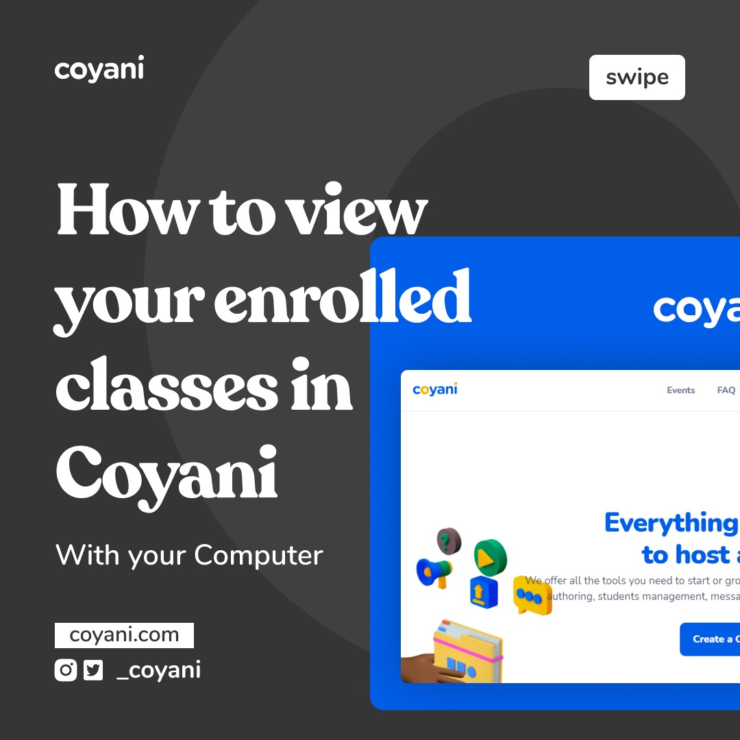_coyani's tweet photo. Can’t find that class you enrolled in recently?

Don’t worry, we’ve got you covered!

Swipe right to see how you can view your enrolled classes with your computer.
#digitallearning 
#learnonline 
#everythingvirtual 
#everythingmadeeasy 
#coyani https://t.co/28TzorKQ3B