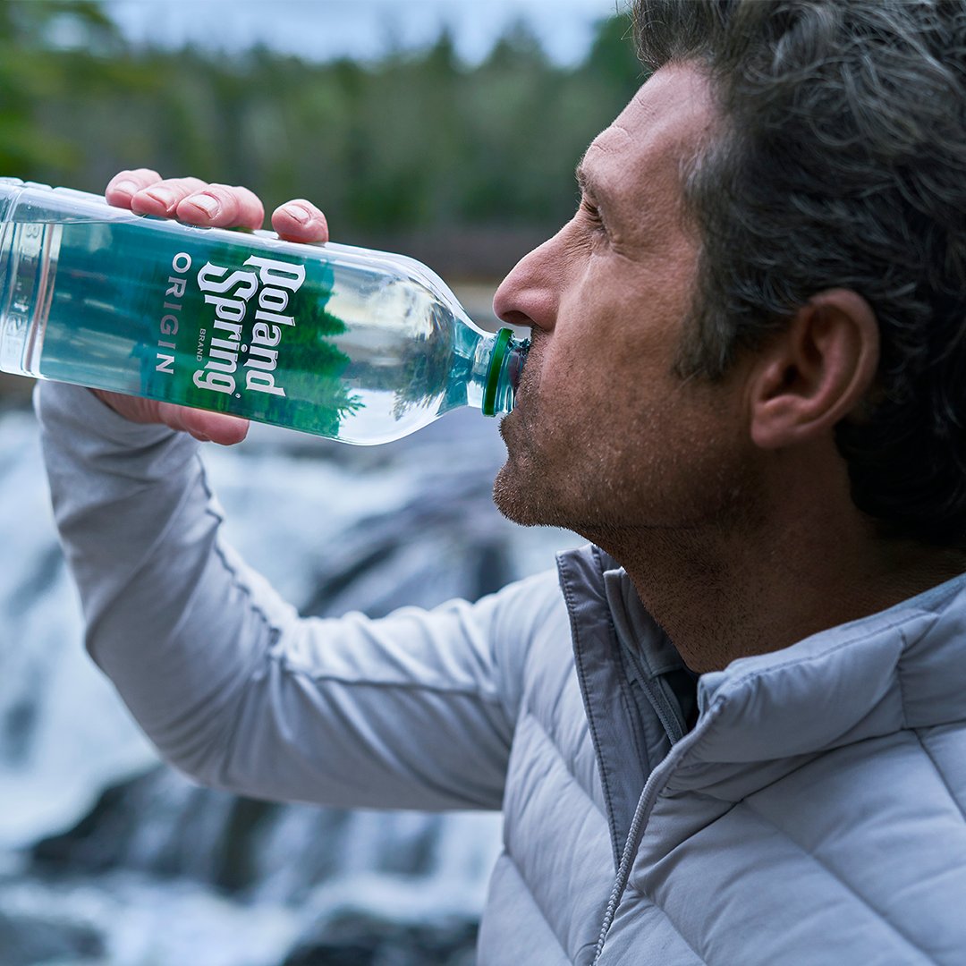 Originwater's tweet image. Who can resist the crisp taste of 100% natural spring water? @PatrickDempsey knows what we&apos;re talking about. #PolandSpringOrigin