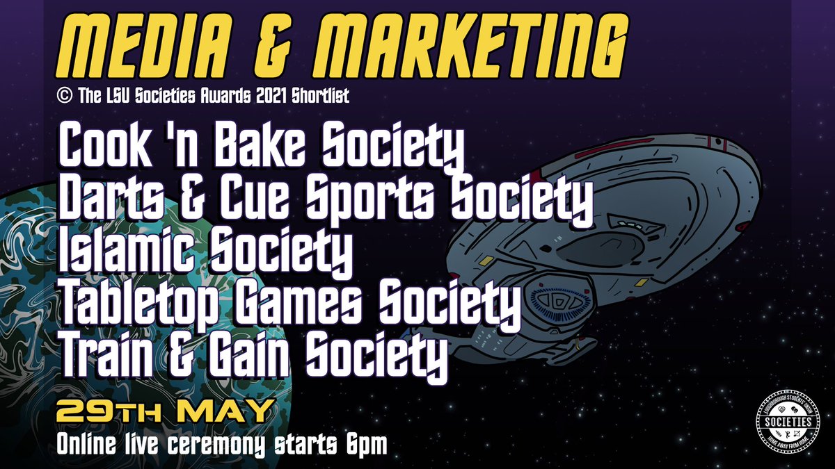 LSU_Societies's tweet image. 🏆 Media &amp;amp; Marketing Award Shortlist 🏆
Cook 'n Bake Society
Darts &amp;amp; Cue Sports Society
Islamic Society
Tabletop Games Society
Train &amp;amp; Gain Society