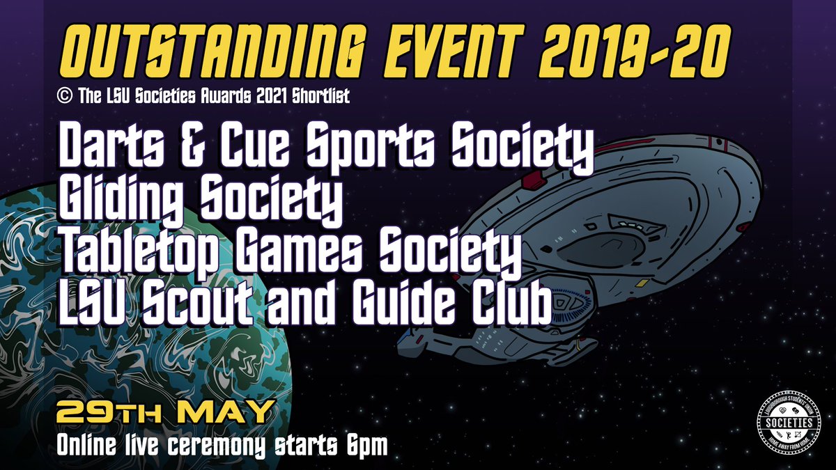 LSU_Societies's tweet image. 🏆 Outstanding Event 2019-20 Shortlist 🏆
@LSUDCS 
@LSUGliding 
Tabletop Games Society
@SCOGUI