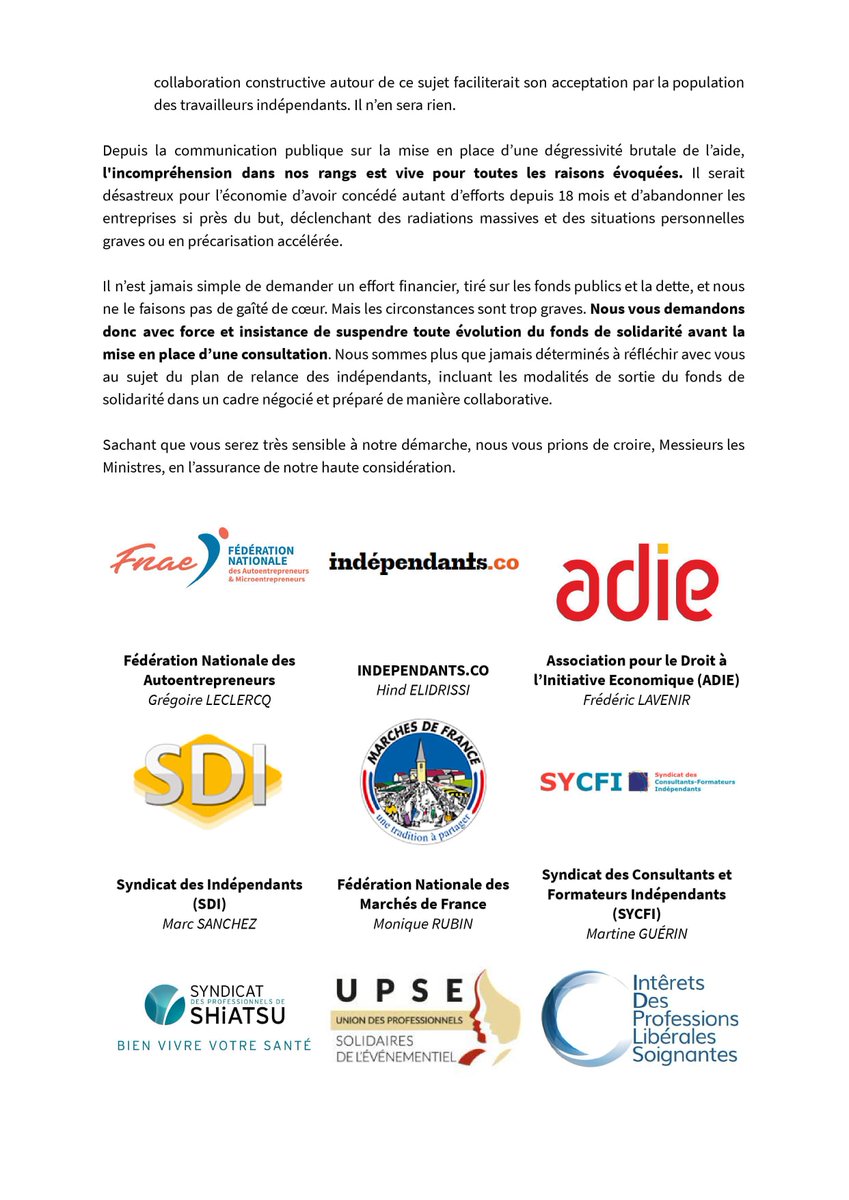 ApresSyndicat's tweet photo. L'APRES est co-signataire de cette lettre adressée à @BrunoLeMaire et @alaingriset suite à l'annonce de la dégressivité brutale du fonds de solidarité voir de son arrêt total pour certains indépendants. https://t.co/fMlyVkHIKA