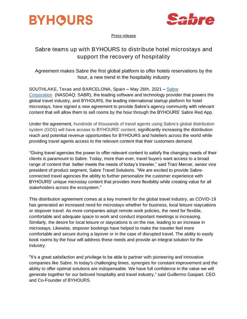 FRESH NEWS; <a href="/BYHOURS/">BYHOURS</a> &amp; <a href="/Sabre_Corp/">Sabre</a> have reached an agreement to distribute our product in +100,000 Sabre's Travel agencies globally.
Proud to collaborate with one of the leading Corp in the Travel Industry and together grow the micro-stays concept worldwide.