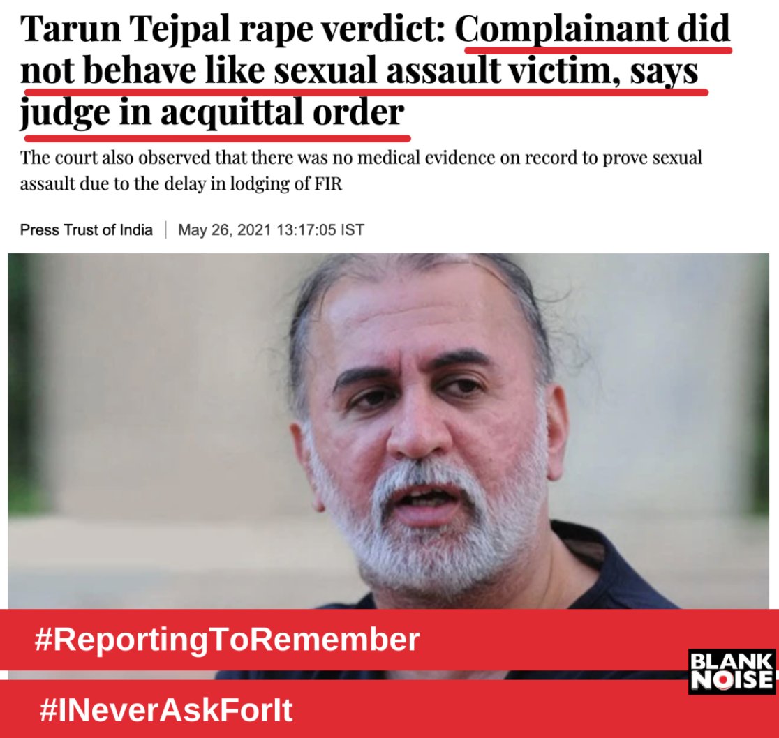 BlankNoise's tweet photo. #ReportingToRemember the Goa Sessions Court judge for the statement in #TarunTejpals Acquittal order : "Complainant did not behave like a sexual assault victim"
#INeverAskForIt . Repeat. On loop. Untill every court room ends victim blame.
https://t.co/p2RmLFgdIg https://t.co/UdGTpyI0Yx