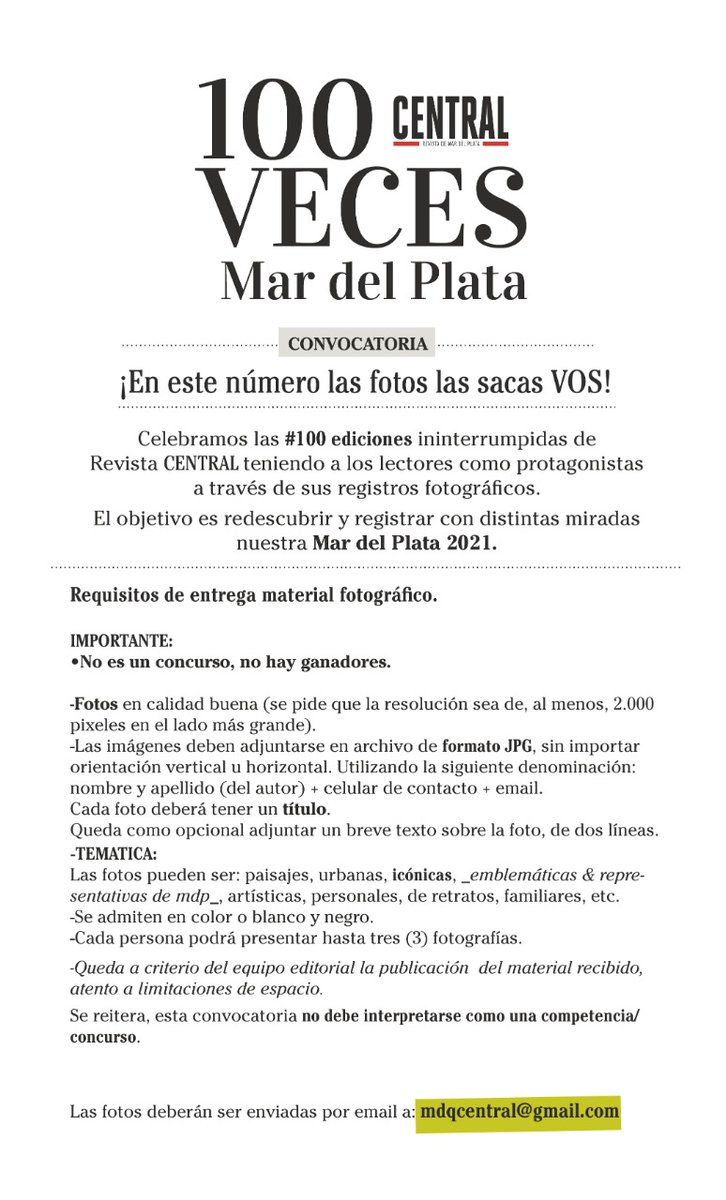 MartinSalaMdp's tweet photo. seguimos con la convocatoria para celebrar las #100 ediciones de @RevistaCentral1  

"100 VECES MAR DEL PLATA"
Vos podés ser parte de la edición, mandanos tu/s fotos preferidas de @mardelplata a:

mdqcentral@gmail.com

#VamosMardelPlata👍

@pepebasko @almendravalero @telefemdp https://t.co/hrxmKCxshg