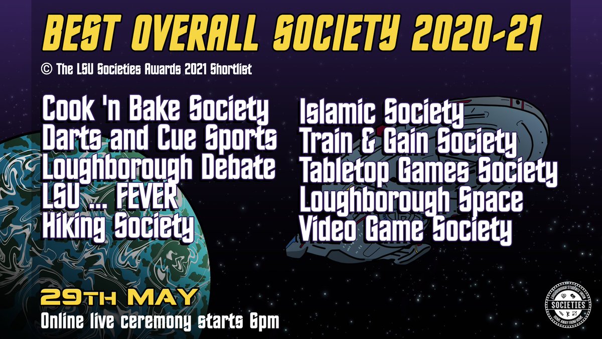 LSU_Societies's tweet image. 🏆 Society of the Year Shortlist 🏆
Cook 'n Bake Society
@LSUDCS 
@LboroDebate 
LSU ...FEVER
@LSUHikingClub  
@lsuisoc  
Train &amp;amp; Gain Society
Tabletop Games Society
@LboroSpace 
@lsuvgs