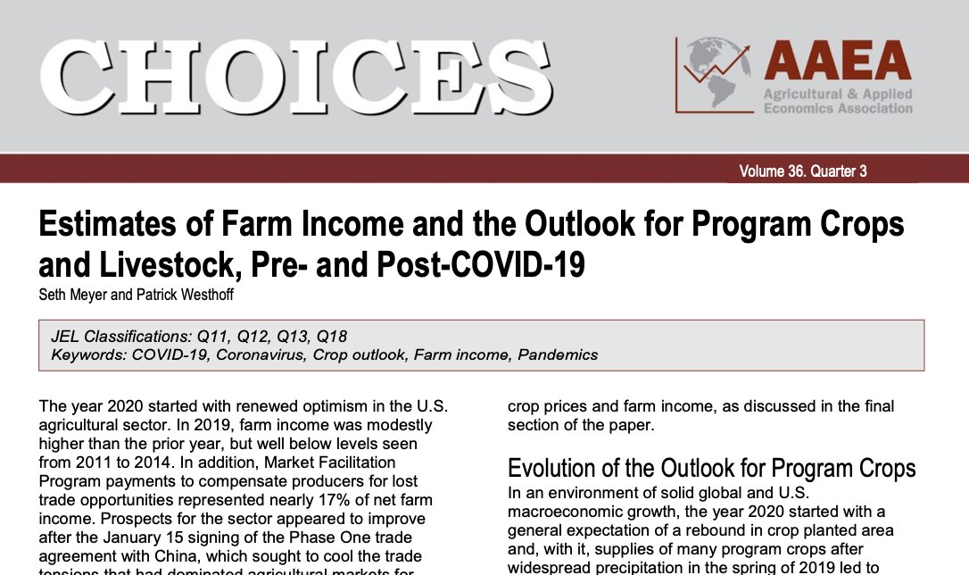 "Estimates of #Farm Income and the Outlook for Program #Crops and #Livestock, Pre- and Post-COVID-19," by <a href="/SethMeyerMU/">Seth Meyer</a> and <a href="/WesthoffPat/">Pat Westhoff</a>, bit.ly/3vo5NTJ <a href="/Choices_AAEA/">Choices Magazine</a>.