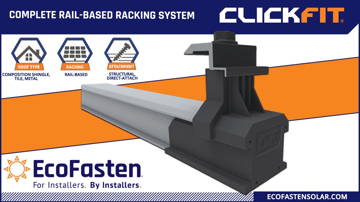 EcoFasten's tweet image. As a professional solar installer, you deserve to use systems &amp;amp; components that are fast &amp;amp; easy to install and ensure successful installations every time. 
Whether you’re installing on tile, comp shingle, or metal, ClickFit is it 🙌
Learn more: bit.ly/3fLfOU7
#ClickFit