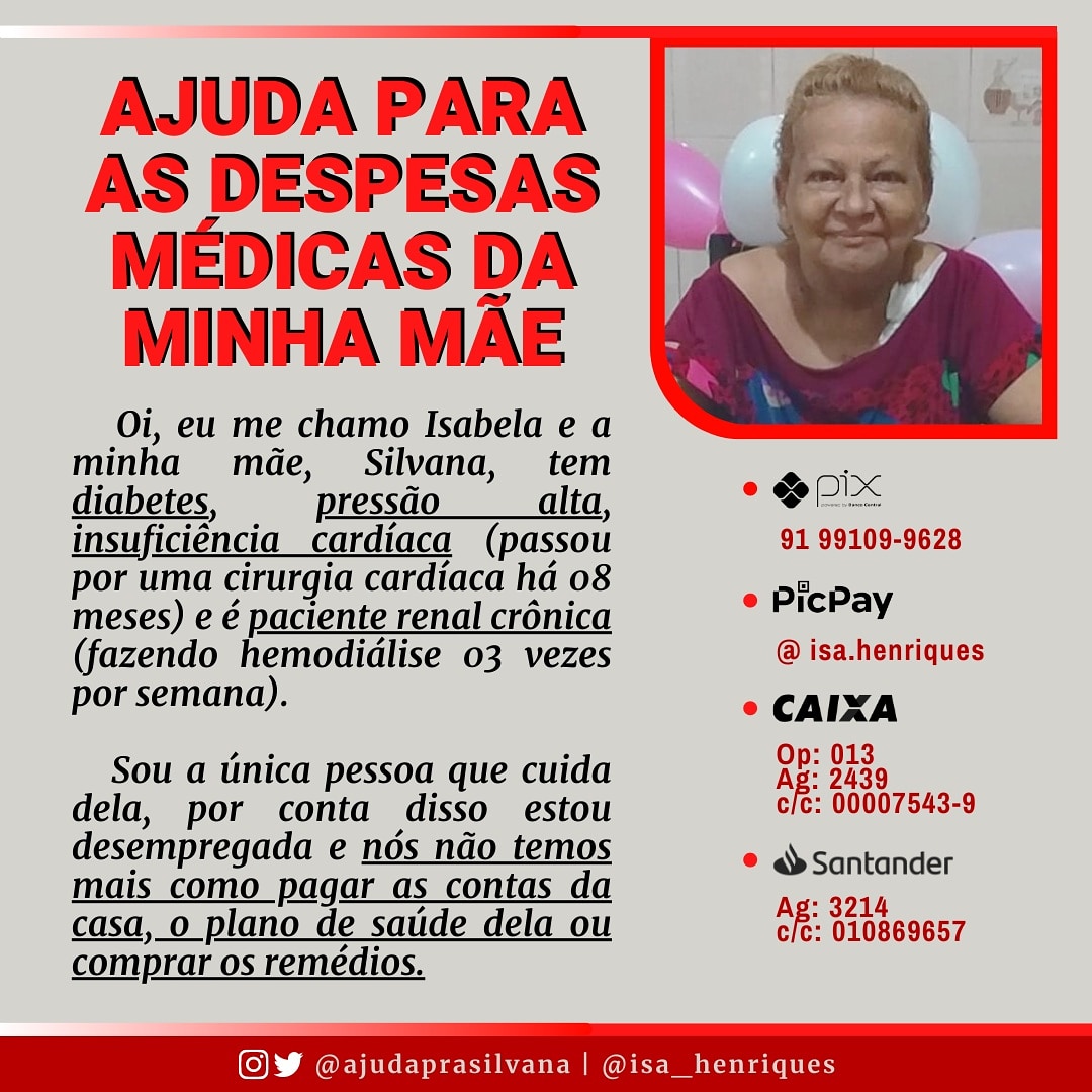 ajudaprasilvana's tweet photo. @UOLNoticias Bom dia
Infelizmente ainda não conseguimos comprar os remédios da mamãe...
POR FAVOR NOS AJUDE DE QUALQUER FORMA!

▶️Pix: 91991099628

História completa no fixado
ADM @isa_henriques https://t.co/HnvEpDhHvH