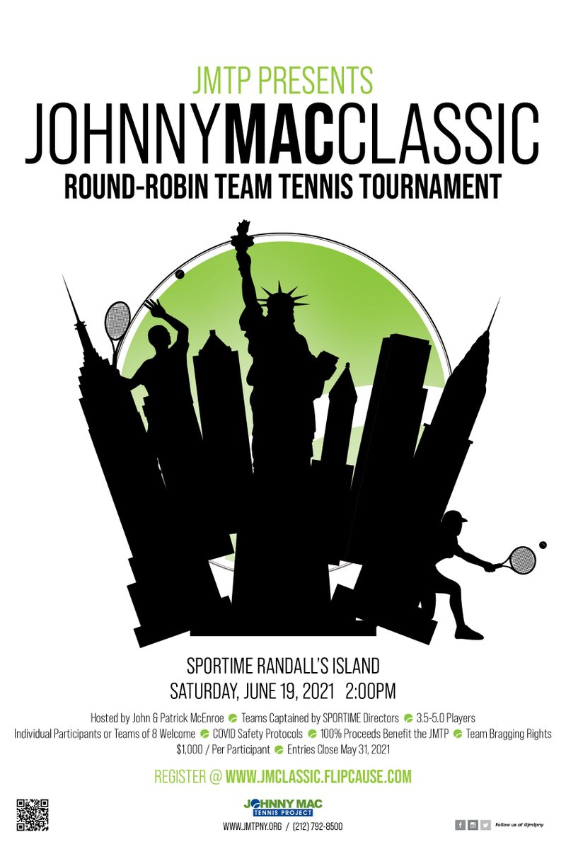 Last week to register for the JMTP Johnny Mac Classic! This fun, round-robin team tennis tournament will be held at 2pm on Saturday, June 19th at SPORTIME Randall's Island. For more information, please visit jmtpny.org/johnny-mac-cla… <a href="/PatrickMcEnroe/">Patrick McEnroe</a> <a href="/JMTANY/">JMTA</a> #tennis #nonprofit