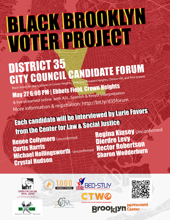 BKMovement's tweet photo. District 35 (Crown Heights, Bed Stuy, Prospect Heights, Clinton Hill, Fort Green) - do you know who is running to represent you in NYC city council? Hear from the candidates tomorrow at our forum: https://t.co/E7rHm7F19N https://t.co/EuYcckZat0