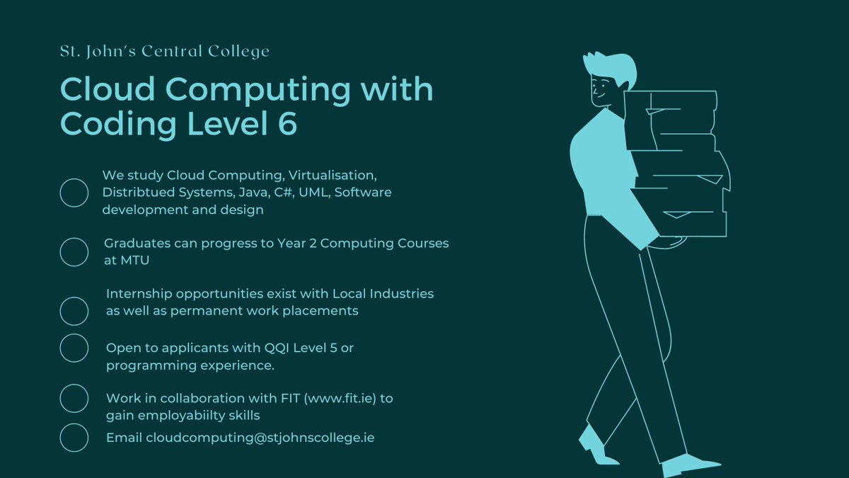 CloudCompCCFET's tweet photo. @CloudAndCoding Level 6 at @stjohnscentral1
teaches #virtualisation #distributedsystems #java #Csharp #UML #SWDesign #SWDevelopment to further knowledge of #cloud and #coding.
Graduates #progress to Year2 @MTU_Cork
or #theWorkplace.
Open for applicants with programming exp https://t.co/SCXc7T5YLG