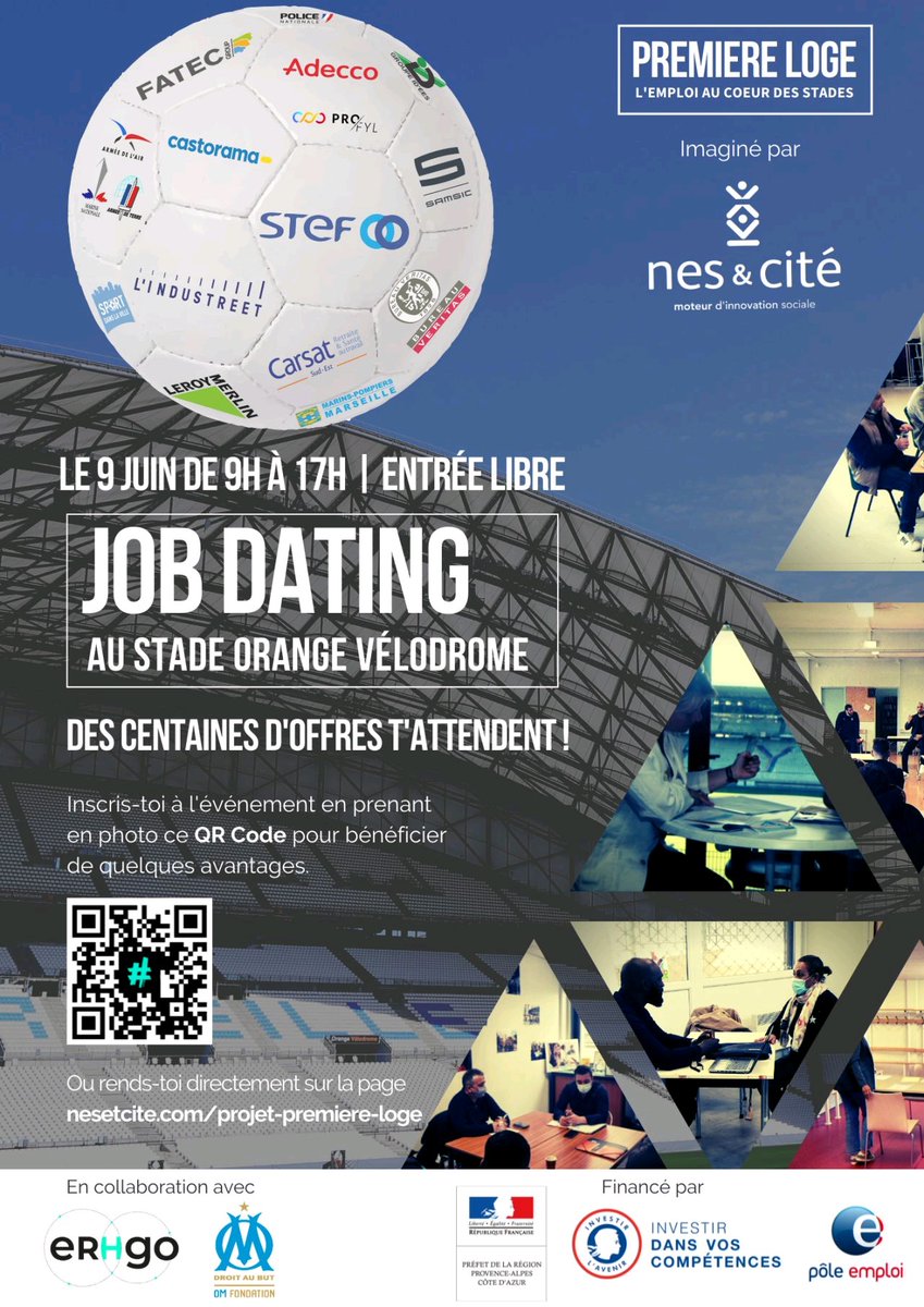 Nes & Cité (@nes_et_cite) on Twitter photo Dernière ligne droite avant Première Loge : le #jobdating au cœur des stades.
Retrouvez une trentaine de structures engagés pour l'équité des chances face à l'emploi le 9 juin au Stade <a href="/orangevelodrome/">Orange Vélodrome 🏡</a>.
Avec <a href="/omfondation/">OM Fondation 💙</a> <a href="/e_rh_go/">erhgo</a> et avec le soutien de @poleemploi_paca Dernière ligne droite avant Première Loge : le #jobdating au cœur des stades.
Retrouvez une trentaine de structures engagés pour l'équité des chances face à l'emploi le 9 juin au Stade <a href="/orangevelodrome/">Orange Vélodrome 🏡</a>.
Avec <a href="/omfondation/">OM Fondation 💙</a> <a href="/e_rh_go/">erhgo</a> et avec le soutien de @poleemploi_paca