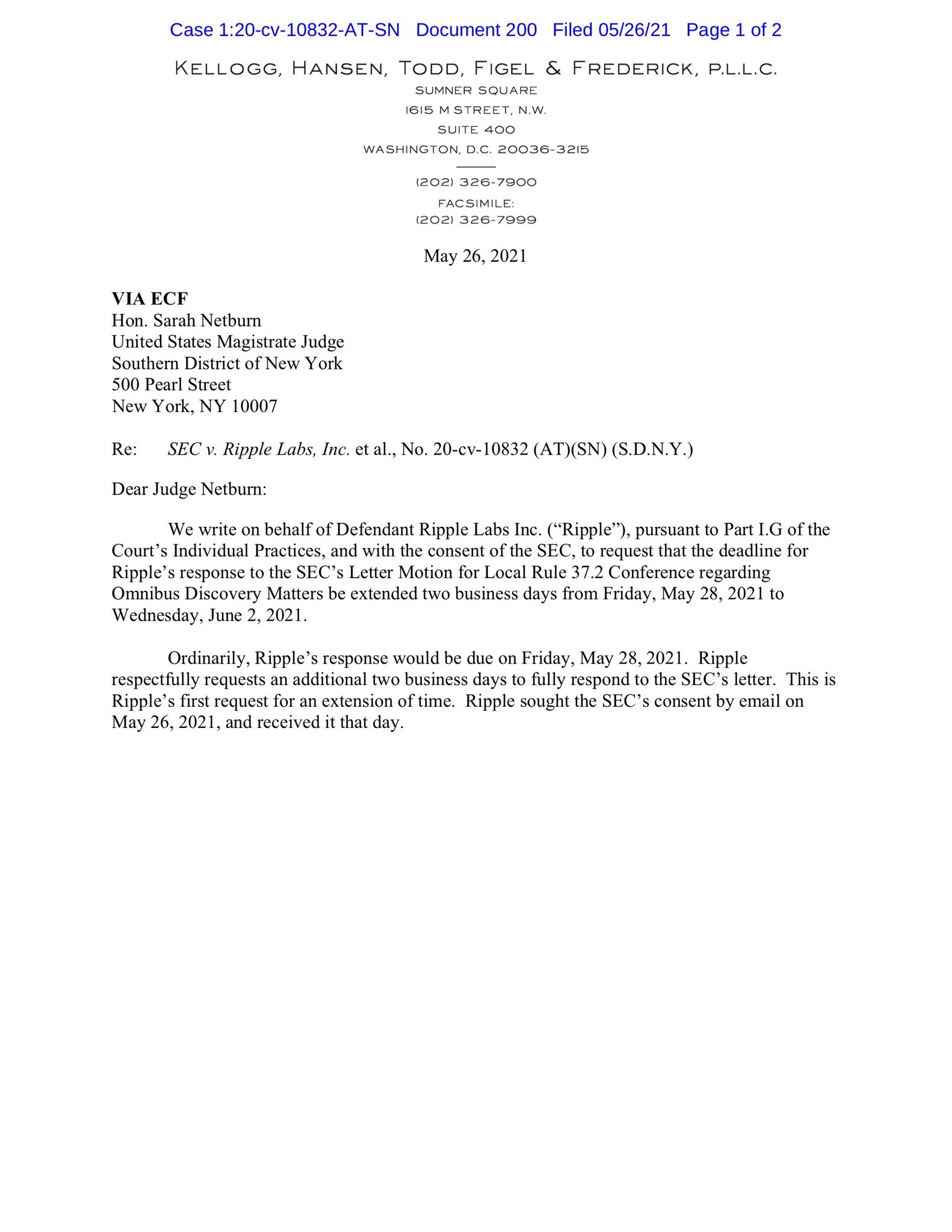 James K Filan Xrpcommunity Sec News V Ripple Xrp Ripple Requests An Extension Of Time To June 2 21 To Respond To The Sec S Letter Motion Regarding Omnibus Discovery Matters James K Filan Xrpcommunity Sec News V Ripple Xrp Ripple Requests An Extension Of Time To June 2 21 To Respond To The Sec S Letter Motion Regarding Omnibus Discovery Matters