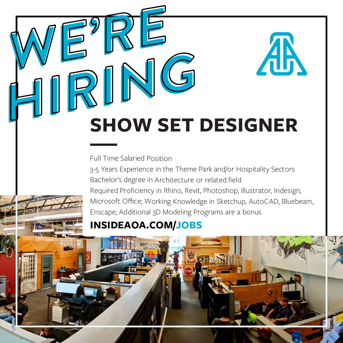 insideAOA's tweet image. We&apos;re hiring a Show Set Designer with Rhino and Revit experience! Check out the details and apply at the link below: 

insideaoa.com/jobs

#showsetdesign #themedentertainment #Orlando #hiring