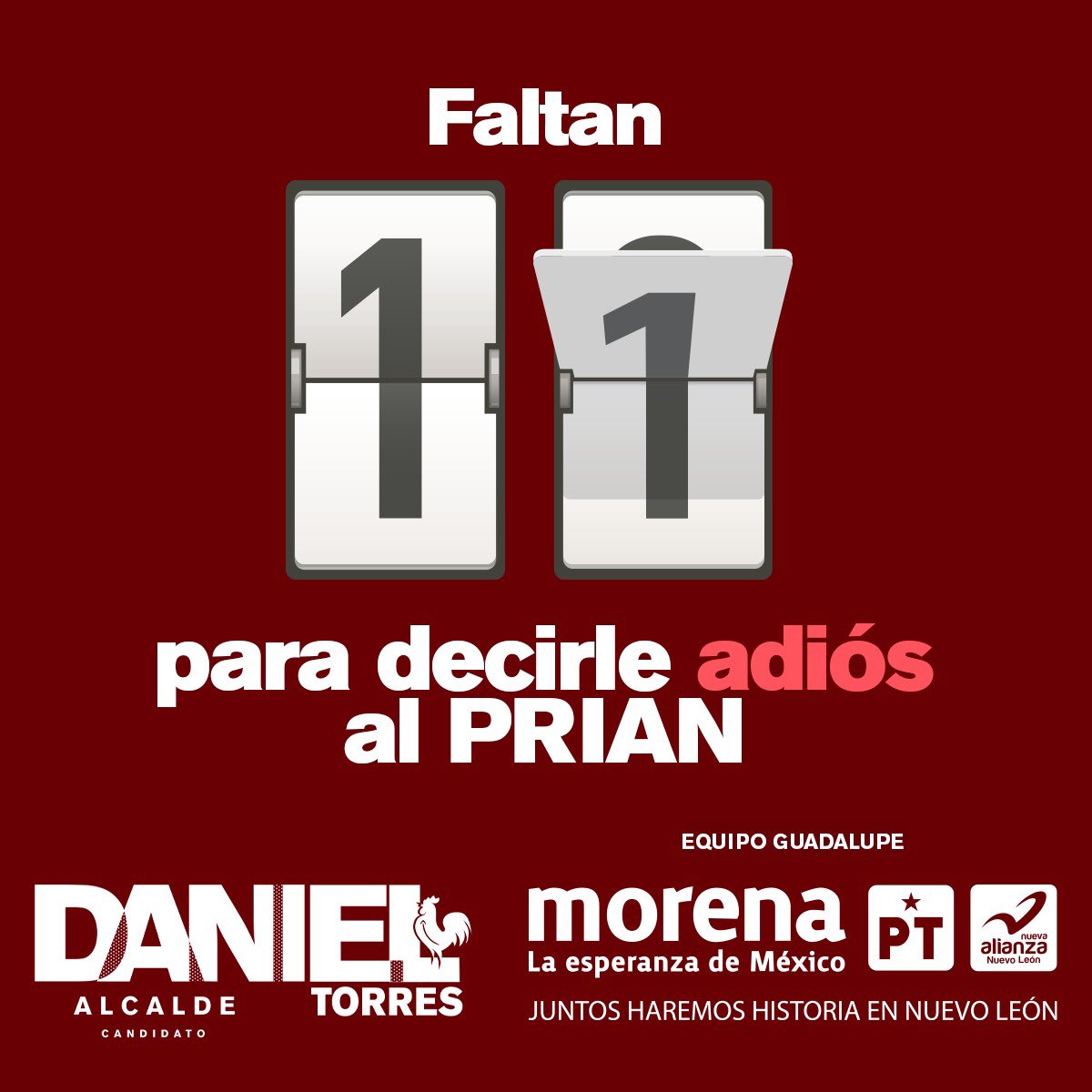 danieltorresca's tweet image. Faltan 11 días para decirle adiós al PRIAN. ¡VOTA POR EL GALLO! 🐓

Juntos tenemos la solución. ¡El despertar de Guadalupe está en tus manos! 
.
#Súmate en danieltorrescantu.com ¡Hagamos Equipo!
#DanielTorres
