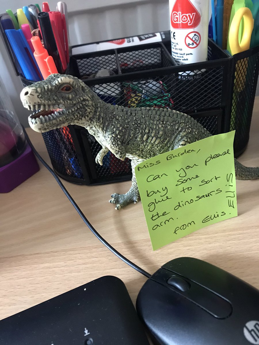 SerfsSt's tweet photo. When you return to your desk and there’s is the most important note left! Learner E has made a special request for poor mr T-Rex 🦖 Miss B will make sure a special trip is made to pick up some glue to make sure Mr T-Rex is back to himself tomorrow #importantmatters https://t.co/nFDRYJDqem