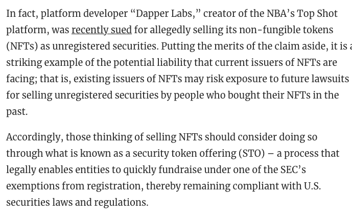 Interesting Dilendorf Law Firm article today.  They discussed the benefits of selling NFTs via a Securitized Token Offering (STO) rather than as un-registered securities.  Dapper Labs and Top Shot was the tip of the iceberg imo.  $OSTK + <a href="/tZERO/">tZERO</a> will succeed where others fail imo.