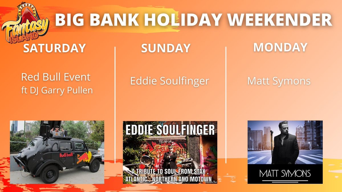 fantasyislanduk's tweet photo. 🏖️ BANK HOLIDAY WEEKENDER! 🤗
We are excited to announce our LIVE entertainment, this bank holiday weekend at 📍 Island Beach...WOOHOO! 🎉
A bank holiday weekend not to be missed! 🍻
#BankHolidayWeekender #FantasyIsland #RedBullEvents https://t.co/vUkp1YDDF5