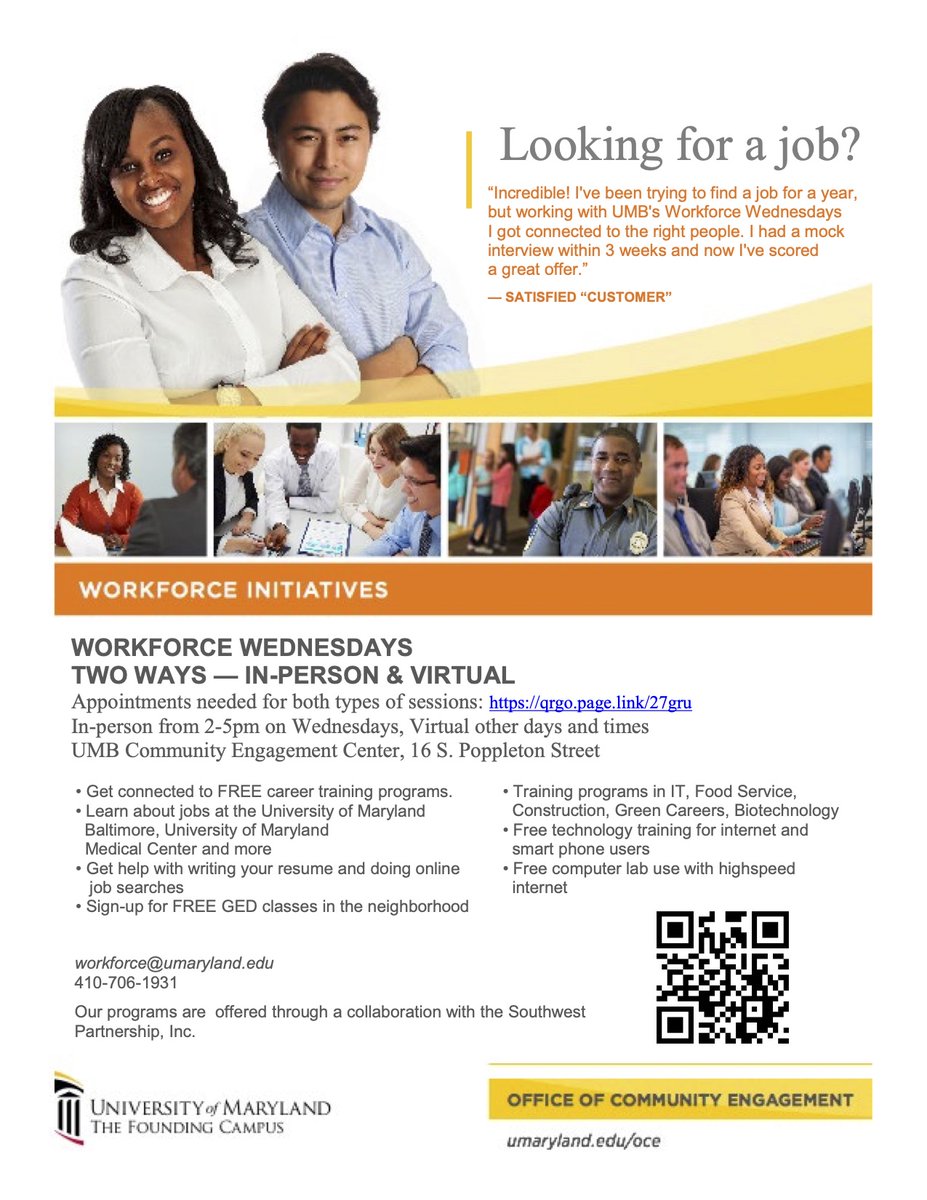 We partnered with <a href="/UMBaltimore/">University of Maryland, Baltimore</a> and we are bringing back in-person Workforce Wednesdays! #SouthwestBaltimore residents can get connected to FREE career training programs in IT, Food Service, Construction, Green Careers, Biotechnology. To sign up visit bit.ly/2TfFyR7