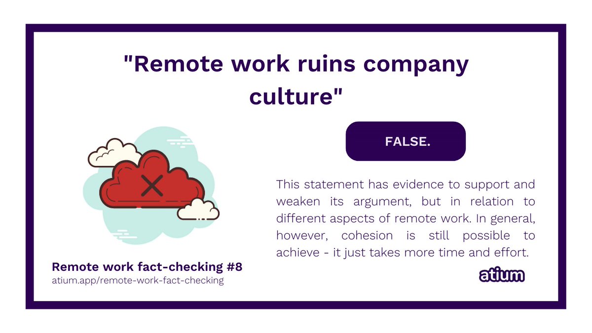 Remote work fact-checking Day 8 - 'Remote work ruins company culture' ❌

If you want to find out how we reached our conclusions, you can read the full report here: buff.ly/2S8yPIc

See all facts in one thread 🧵! buff.ly/3bFDOXL