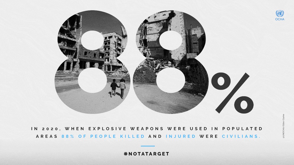 UN_Disarmament's tweet photo. When explosive weapons are used in towns and cities, nearly 9 out of 10 people injured and killed are civilians. In his latest report, @antonioguterres calls on all parties to conflict to avoid the use of explosive weapons with wide-area effects in populated areas. https://t.co/SrNVtJ7ric