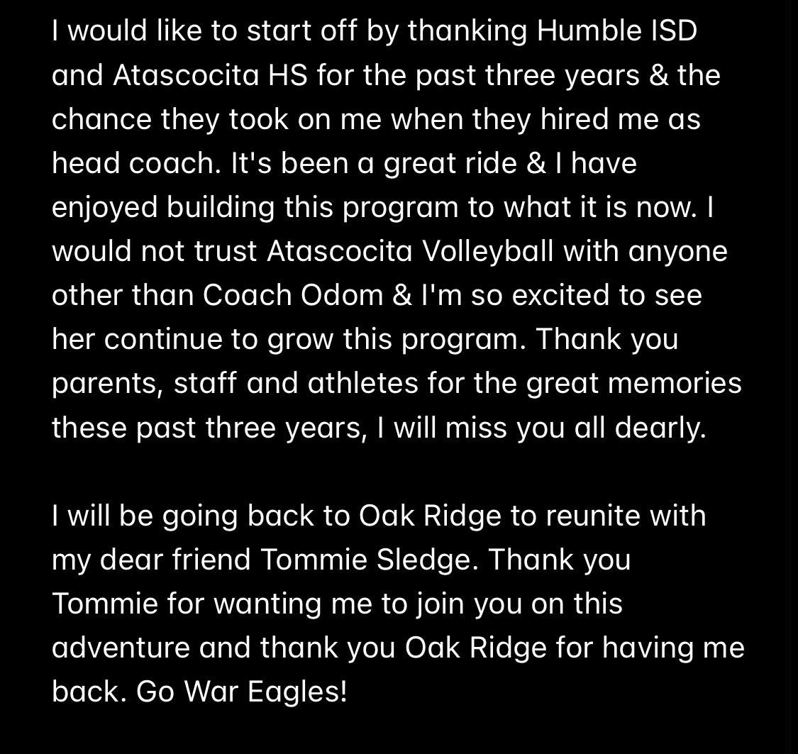 Goodbyes are always hard, but I couldn't be more thankful to have been at Atascocita the past three and grow professionally into the coach I am today. 

Many have asked where I'll be going, so with that being said, I will be going back to Oak Ridge as varsity assistant/JV coach.