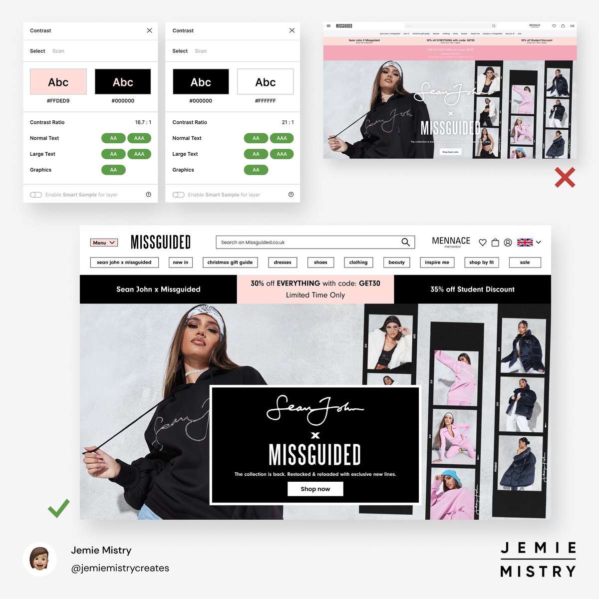 Tackling the poor #accessibility and #usability of the recent @missguided homepage. #ux #ui #figma #missguided