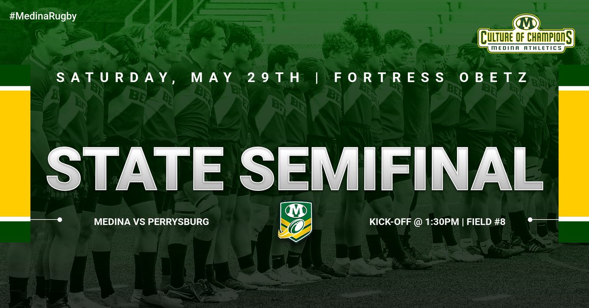 🏉HS BOYS RUGBY STATE SEMIFINALS🏉
#1 Medina Bees face off against #4 Perrysburg Yellow Jackets on Saturday, May 29 in the D1 State Semifinal. Kick-off at 1:30pm at Fortress Obetz. 

<a href="/medinaathletics/">Medina Athletics</a> <a href="/MedinaBoosters/">MedinaBoosters</a> <a href="/MCScomm1/">MCS Communications</a> <a href="/mhs_swarm/">MHS SWARM</a> 

🔗medinarugby.wordpress.com/2021/05/25/202…