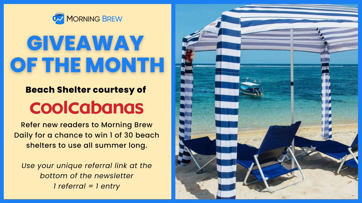 MorningBrew's tweet photo. 🚨GIVEAWAY ALERT🚨 

Summer is hot. So we are giving away 30 CoolCabanas to keep Brew readers comfy   

HOW TO ENTER

Refer a friend to the Brew using your unique referral link 

1 referral = 1 entry

As always, may the odds be ever in your favor https://t.co/rLDhCEhGRV