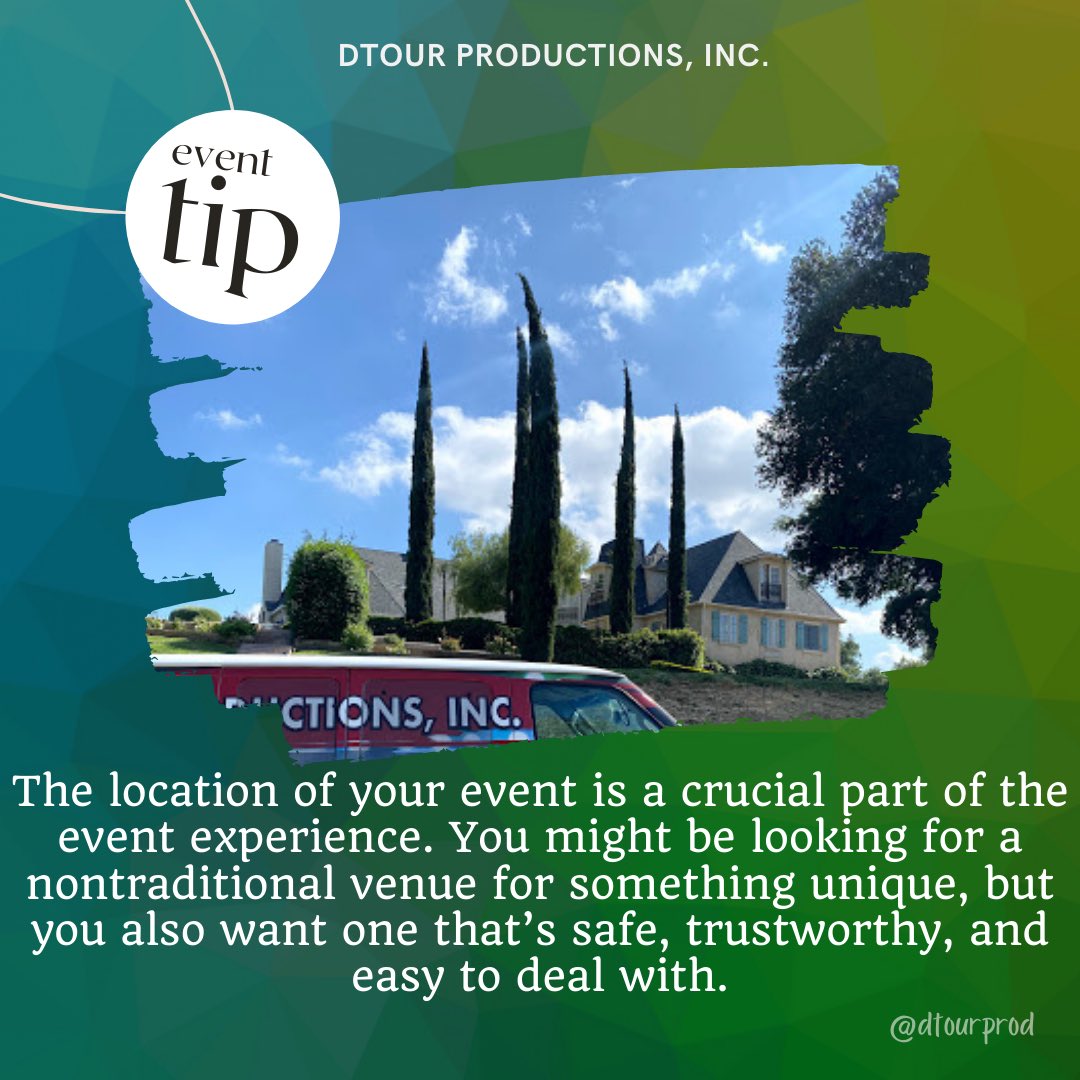 dtourprod's tweet photo. Event tip 🔔: your venue should be the first objective you solve/mark off of your todo list when planning an event. 
-
-
-

#socalevents #inlandempireevents #partyplanning  #eventcoordination #eventtip #letushelpyou https://t.co/sNsGC0yQD6