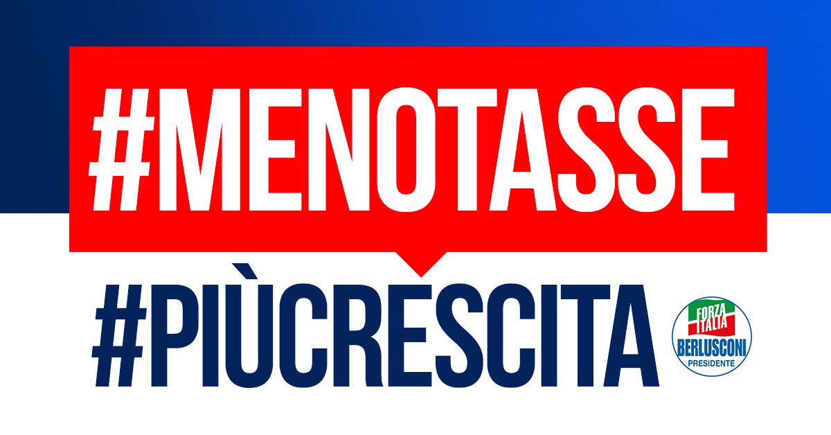A chi insiste nel voler abbattere la mannaia del #fisco su patrimonio degli italiani rispondiamo con la nostra formula: #MenoTassePiùCrescita. <a href="/forza_italia/">Forza Italia</a> chiede #Flattax per ceto medio, affinché si lavori per creare ricchezza, occupazione e sviluppo. #PiùFuturoMenoTasse