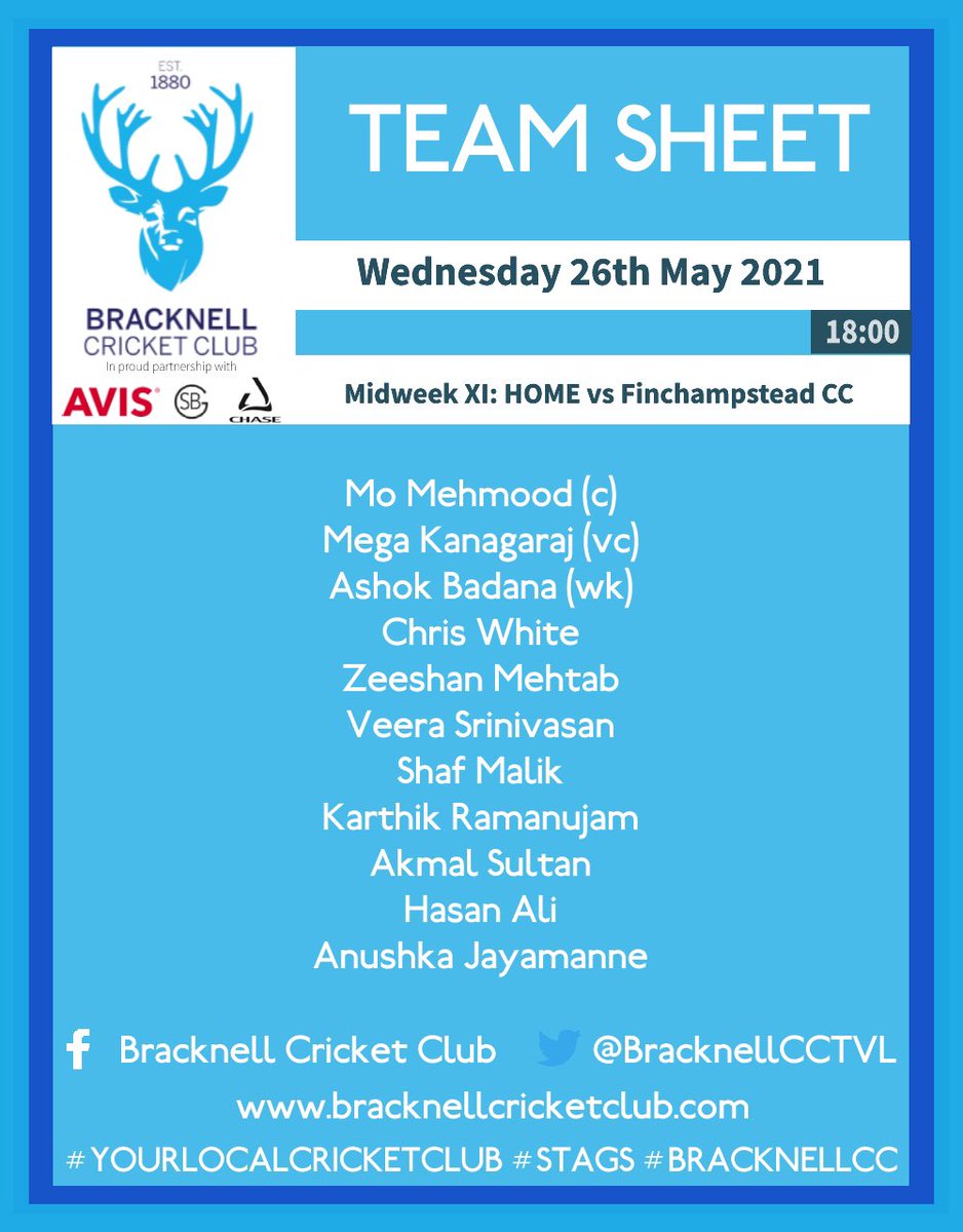 Good luck to our Midweek XI who face <a href="/FinchCCOfficial/">Finchampstead CC</a> CC this evening in round 1 of the Knockout cup.

Go well lads! 🦌🏏

#yourlocalcricketclub #stags #bracknellcc
